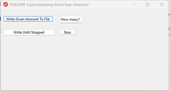 User interface of SOIGUINE Supercomputing Secret Keys Generator software showing button options for key generation.